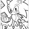 Sonic For Coloring – A bold black and white illustration of Sonic holding a Chaos Emerald, surrounded by gem designs, featuring a Canva editable custom name section perfect for personalizing your coloring activity.