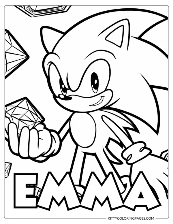 3-sonic-for-coloring Sonic For Coloring – A bold black and white illustration of Sonic holding a Chaos Emerald, surrounded by gem designs, featuring a Canva editable custom name section perfect for personalizing your coloring activity.