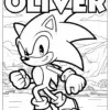 Sonic Coloring – A vibrant black and white coloring page of Sonic in a confident pose against a scenic mountain backdrop, featuring a Canva editable custom name section for a personal touch.