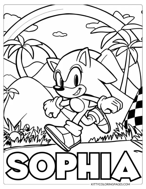 Sonic 3 Coloring Pages – A cheerful black and white scene of Sonic running through a tropical landscape with palm trees and loops in the background, featuring a Canva editable custom name section for personalization.