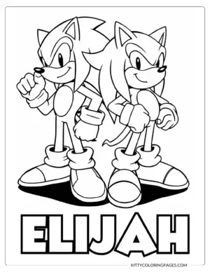 Sonic Knuckles Coloring Pages – A bold black and white coloring page featuring Sonic and Knuckles standing confidently back to back, featuring a Canva editable custom name section for a fun and personalized coloring experience.