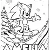 Coloring Pages Super Sonic – A fun winter-themed coloring page featuring Sonic snowboarding down a mountain slope with snowflakes and pine trees in the background, featuring a Canva editable custom name section for added personalization.