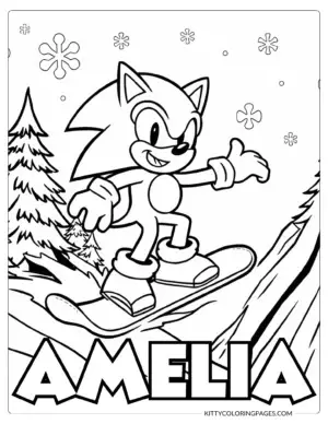 Coloring Pages Super Sonic – A fun winter-themed coloring page featuring Sonic snowboarding down a mountain slope with snowflakes and pine trees in the background, featuring a Canva editable custom name section for added personalization.