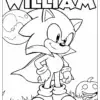 Colouring Sonic – A festive black and white Halloween-themed coloring page of Sonic wearing a cape, standing confidently under the moonlight with a carved pumpkin nearby, featuring a Canva editable custom name section for personalized fun.
