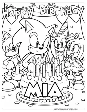 13-sonic-happy-birthday-coloring-pages Sonic Happy Birthday Coloring Pages – A cheerful black and white birthday-themed coloring page showing Sonic and friends gathered around a cake with lit candles, featuring a Canva editable custom name section to make birthday celebrations extra special.