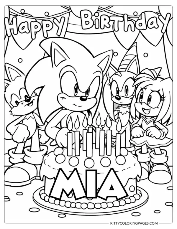 13-sonic-happy-birthday-coloring-pages Sonic Happy Birthday Coloring Pages – A cheerful black and white birthday-themed coloring page showing Sonic and friends gathered around a cake with lit candles, featuring a Canva editable custom name section to make birthday celebrations extra special.