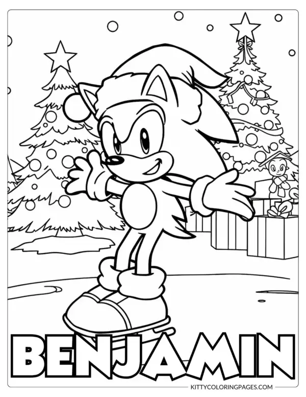 Santa Sonic Coloring Pages – A festive black and white coloring sheet showing Sonic in a Santa hat ice skating in front of decorated Christmas trees and gifts, featuring a Canva editable custom name section for holiday fun.