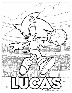 Sonic Coloring Pages Super Sonic – A sporty black and white coloring page of Sonic playing soccer in a packed stadium, mid-kick with a ball in hand, featuring a Canva editable custom name section for a personalized sports-themed design.