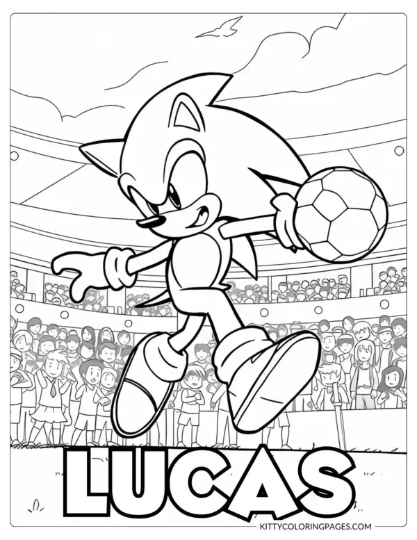 16-sonic-coloring-pages-super-sonic Sonic Coloring Pages Super Sonic – A sporty black and white coloring page of Sonic playing soccer in a packed stadium, mid-kick with a ball in hand, featuring a Canva editable custom name section for a personalized sports-themed design.