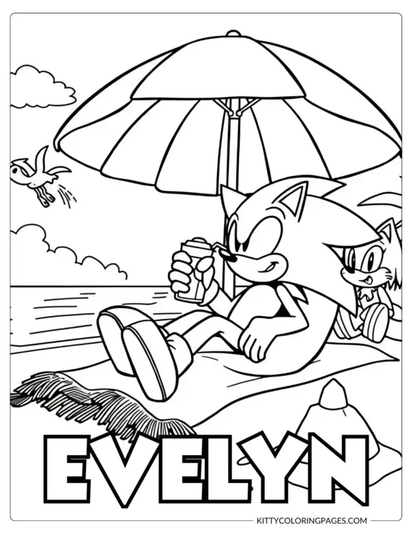 Super Sonic Colouring Pages – A relaxed black and white coloring page showing Sonic lounging under a beach umbrella with a drink in hand and Tails nearby, featuring a Canva editable custom name section to personalize your summer scene.