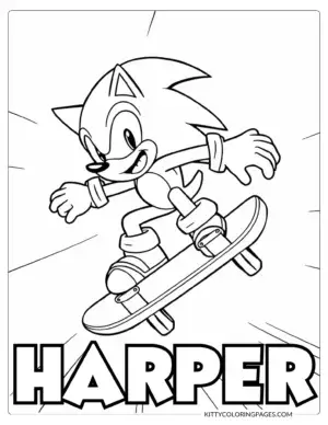 19-sonic-colouring-pictures-to-print Sonic Colouring Pictures To Print – An action-packed black and white coloring page of Sonic performing a skateboard trick mid-air, featuring a Canva editable custom name section to make it uniquely yours.