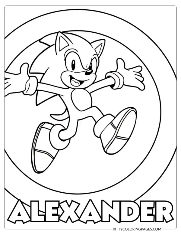 Super Sonic The Hedgehog Coloring Pages – A joyful black and white coloring page featuring Sonic jumping excitedly in front of a large ring, featuring a Canva editable custom name section for a fun and personalized activity.